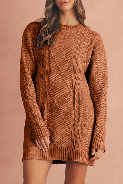 Burgundy Cable Knit Drop Shoulder Loose Fit Sweater Dress