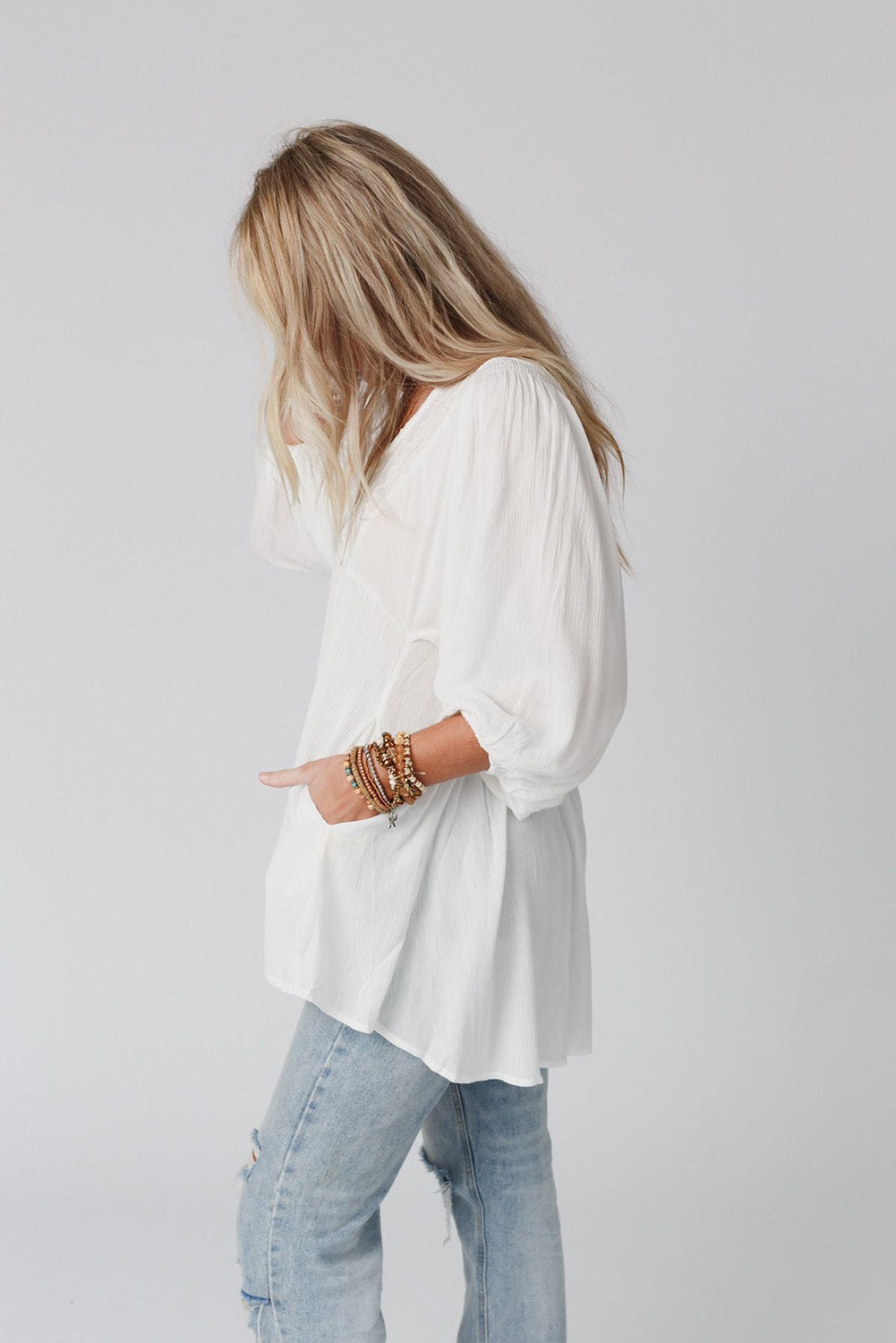 Lace V-Neck Bracelet Sleeve Ruffle Blouse