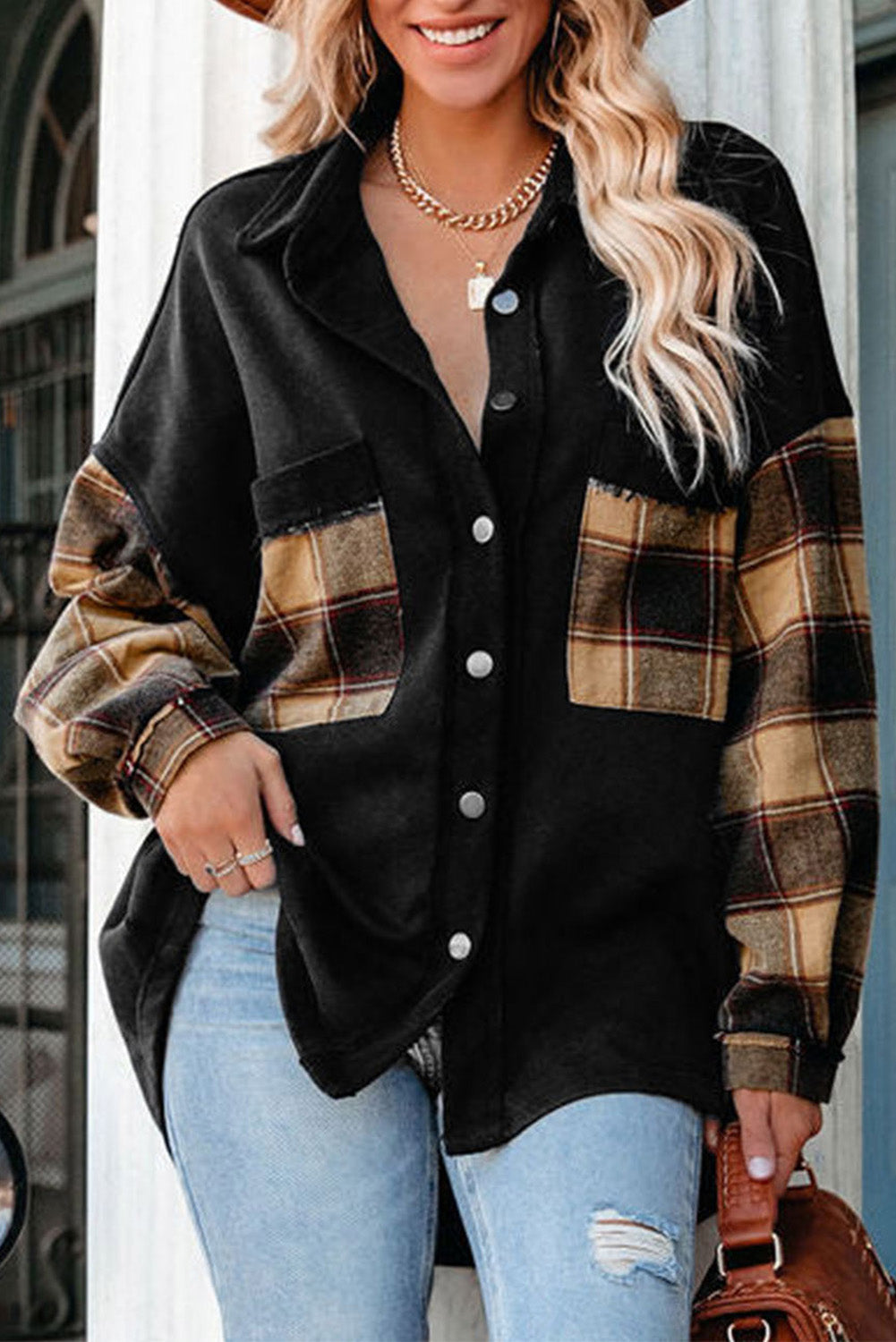 Rose Plaid Patchwork Chest Pockets Oversized Shirt Jacket