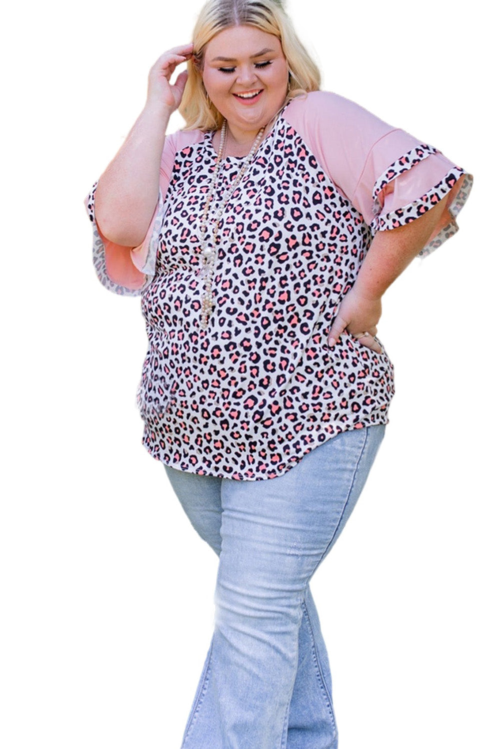 Plus Size Ruffle Raglan Sleeve Leopard Top