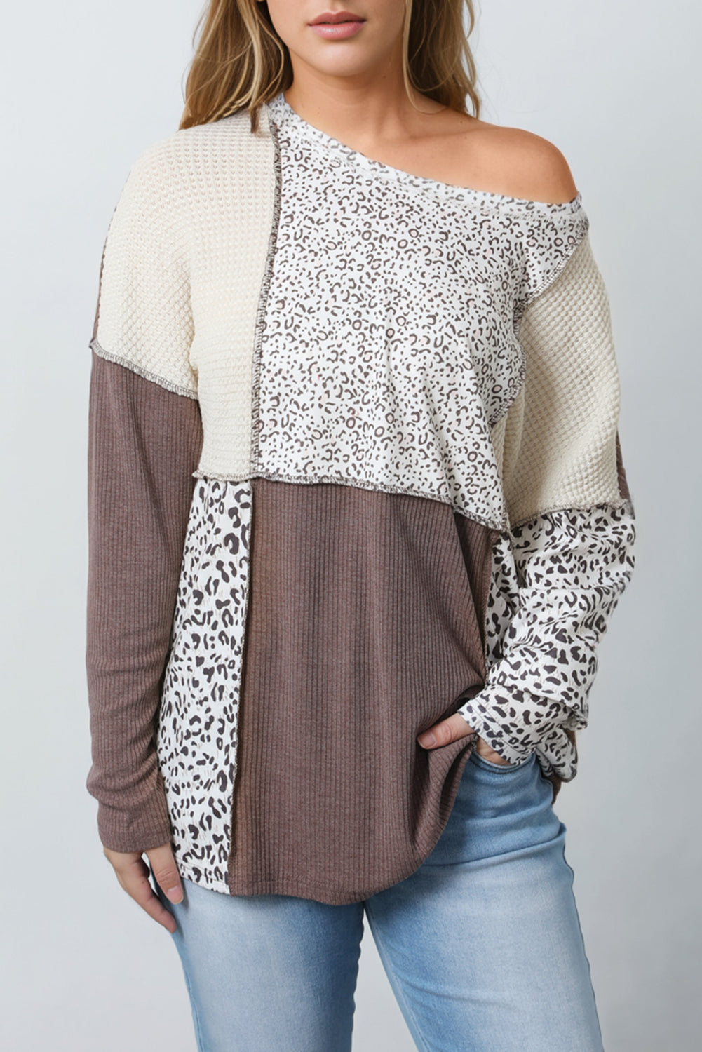 Brown Plus Size Leopard Waffle Ribbed Knit Patchwork Top