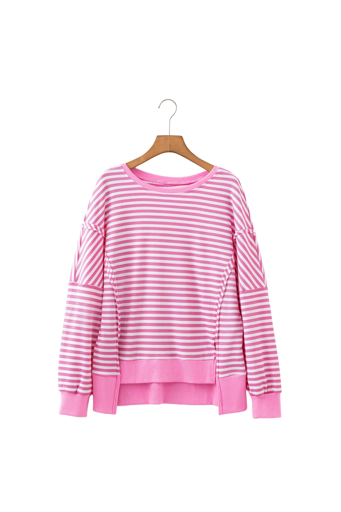 Pink Stripe Textured Knit Color Block Trim Split Hem Long Sleeve Top