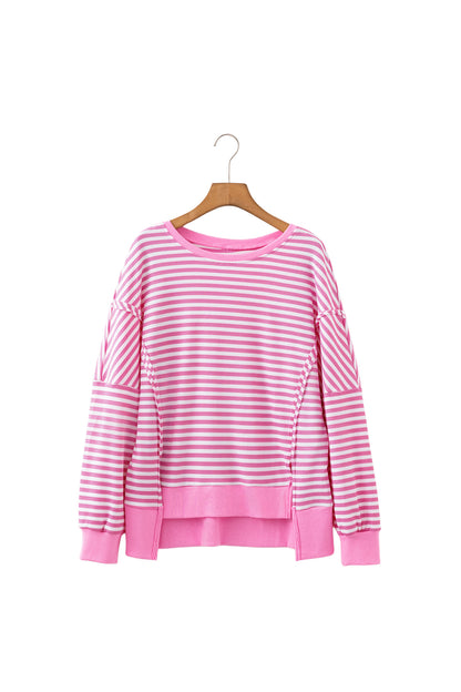 Pink Stripe Textured Knit Color Block Trim Split Hem Long Sleeve Top