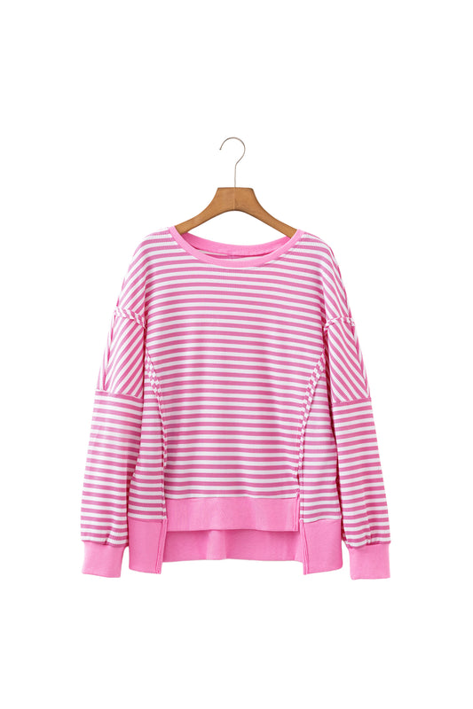 Pink Stripe Textured Knit Color Block Trim Split Hem Long Sleeve Top