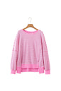 Pink Stripe Textured Knit Color Block Trim Split Hem Long Sleeve Top