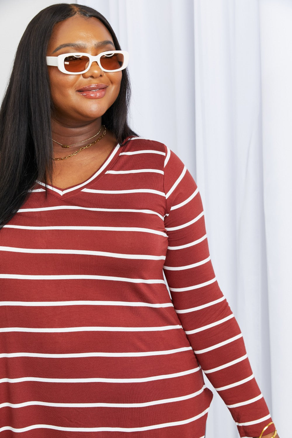 Zenana Full Size Striped V-Neck Long Sleeve Top in Dark Burgundy/Ivory