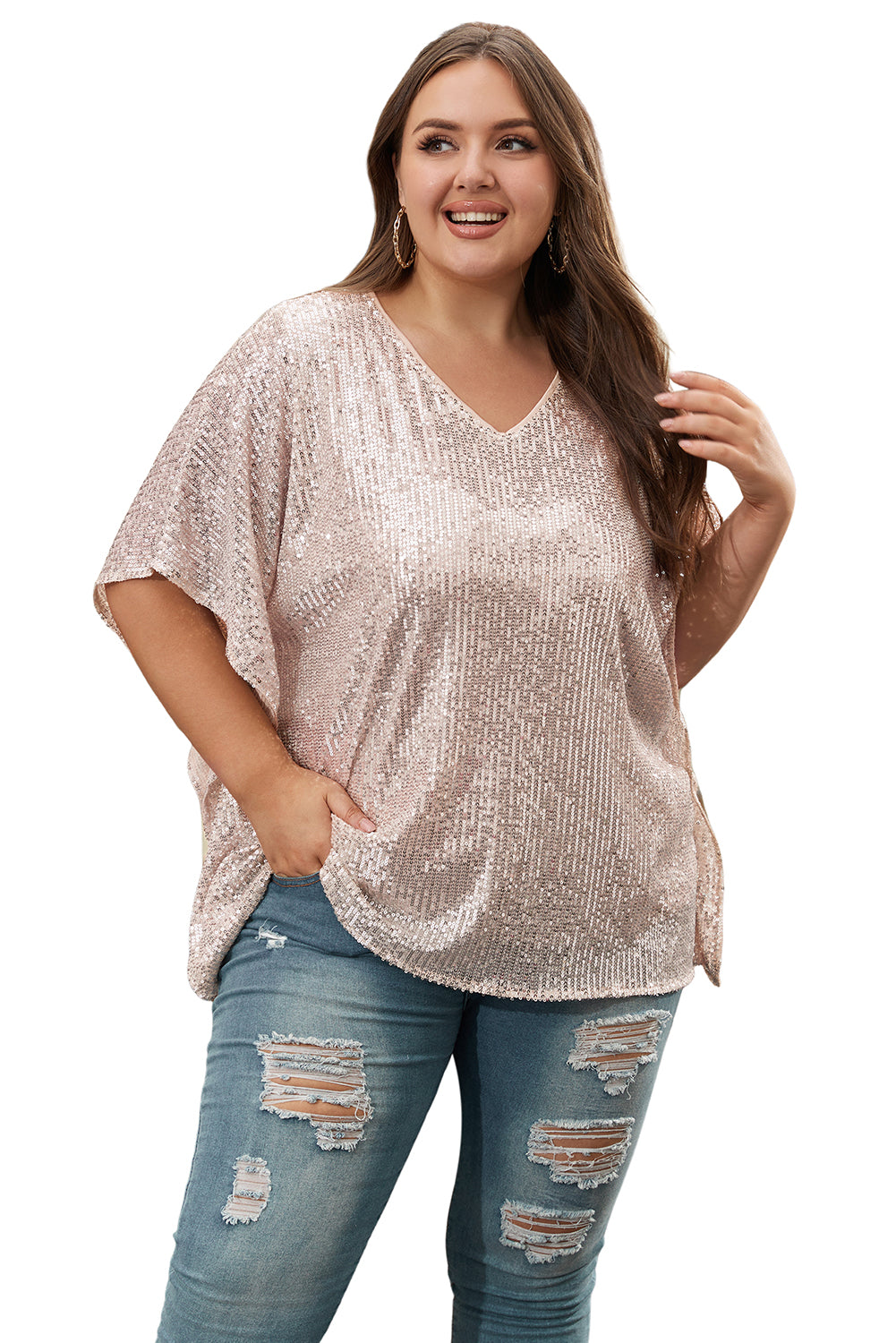 Apricot Plus Size Sequined V Neck Boxy Top