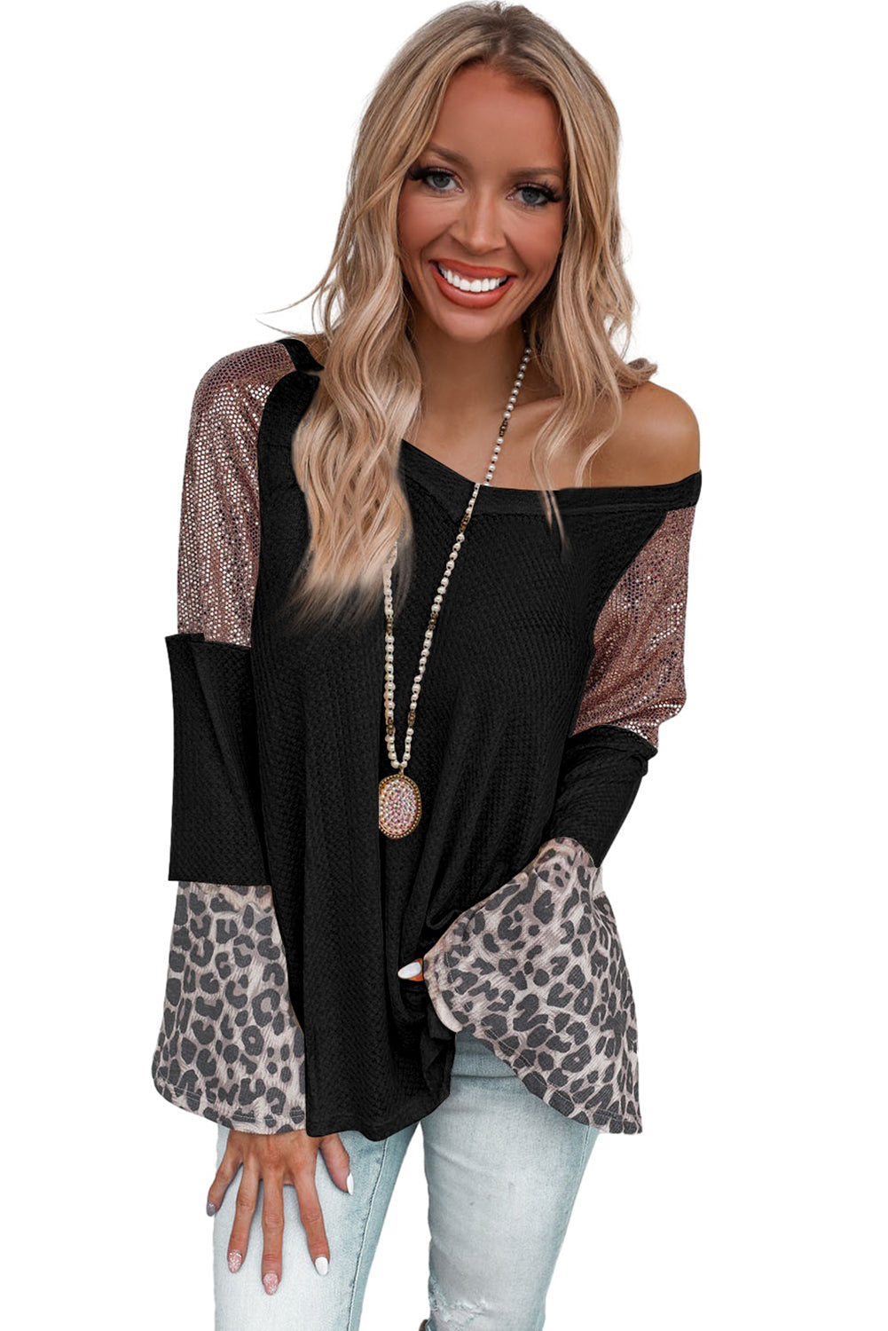 White Sequin Patchwork Bell Sleeve V Neck Tunic Top