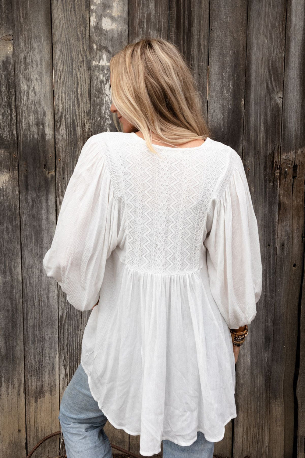 Lace V-Neck Bracelet Sleeve Ruffle Blouse