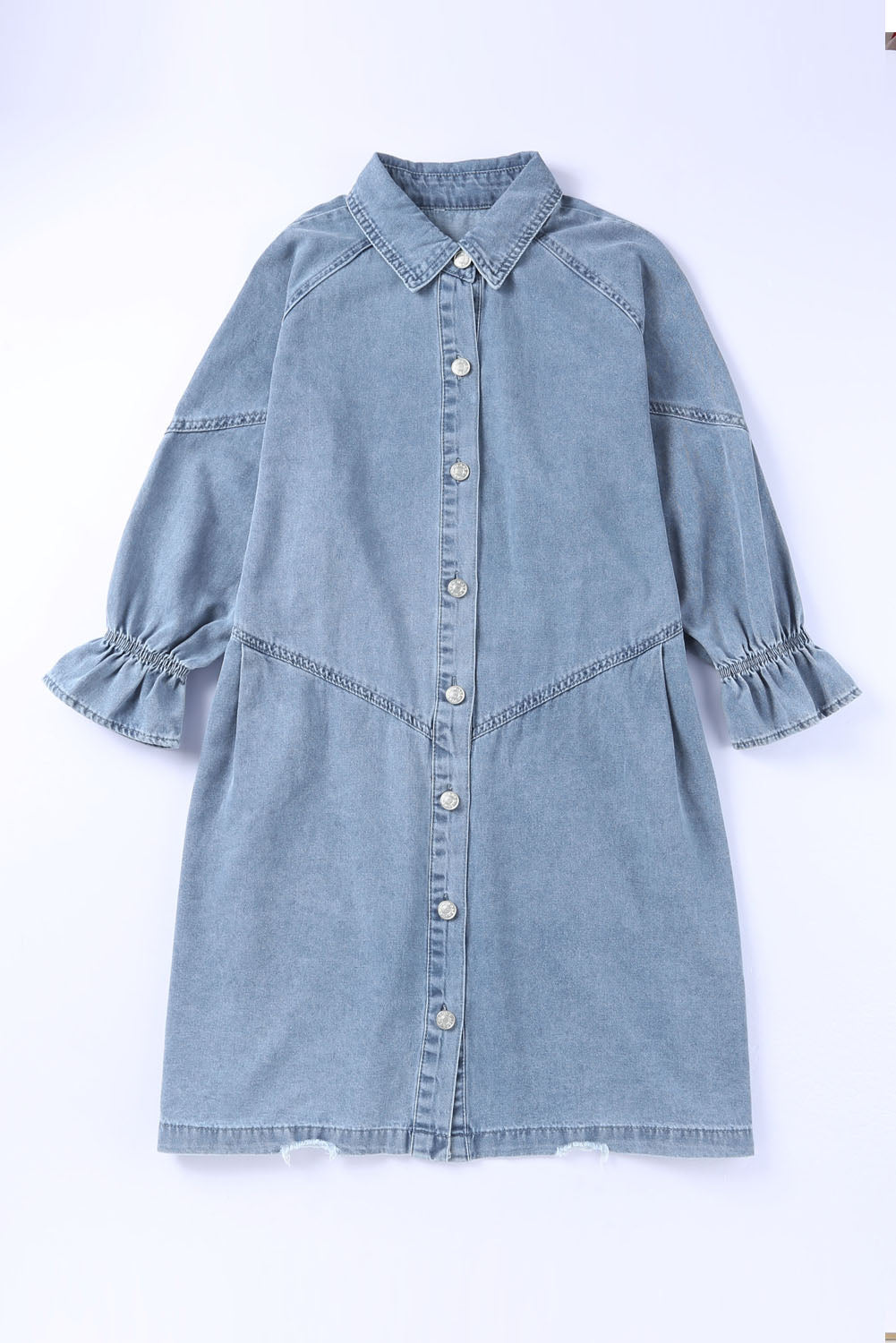 Light Blue Ruffled 3/4 Sleeve Buttoned Front Plus Size Denim Dress