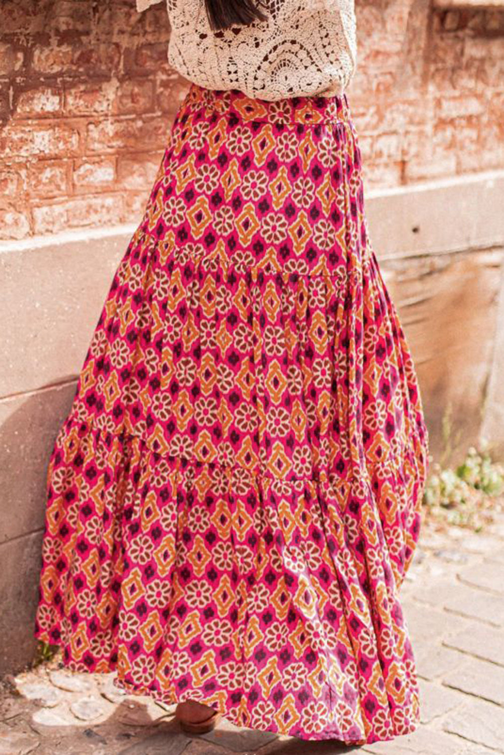 Rose Vintage Boho Floral Print Tiered Maxi Skirt