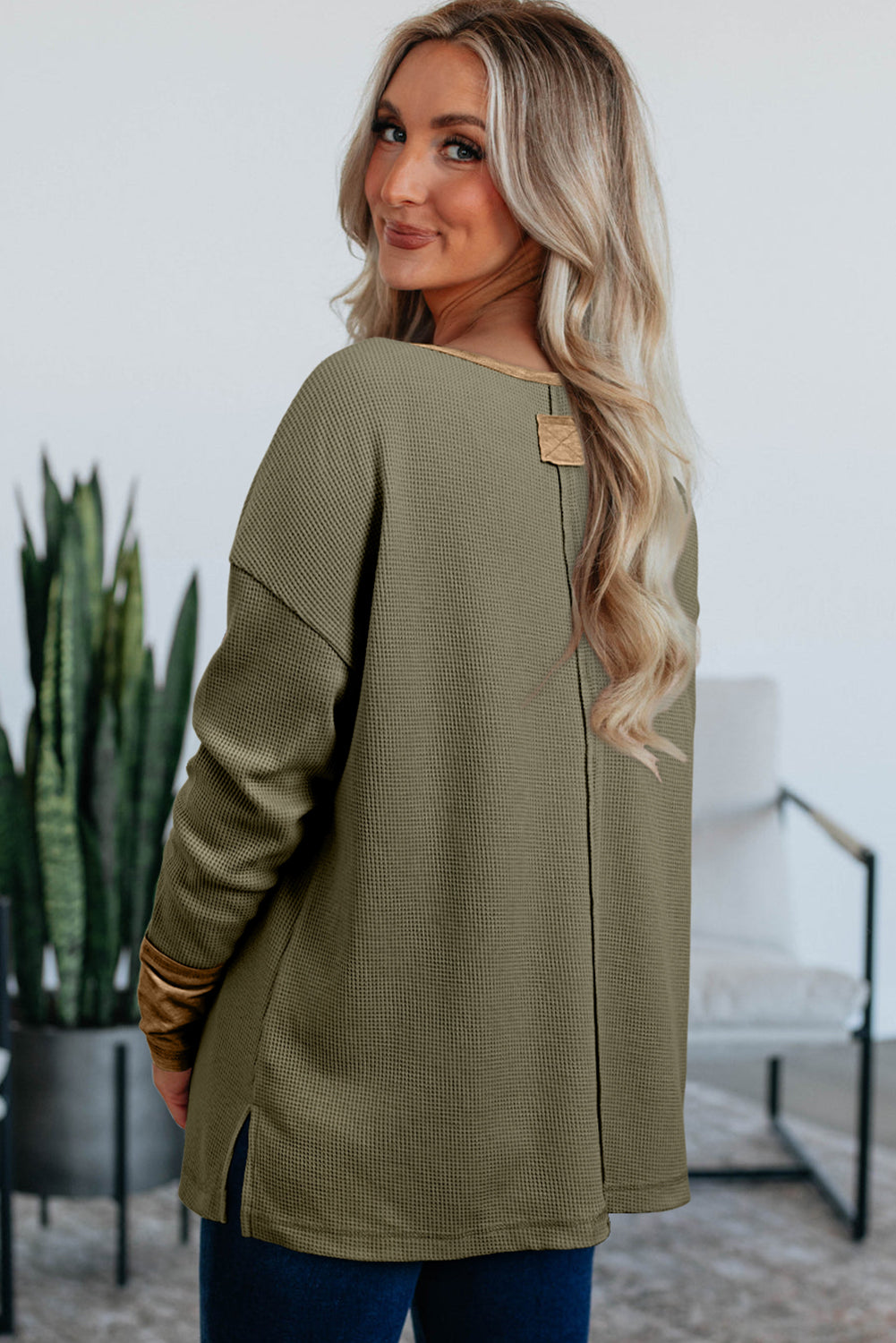 Vineyard Green Waffle Textured Patchwork Tunic Henley Top