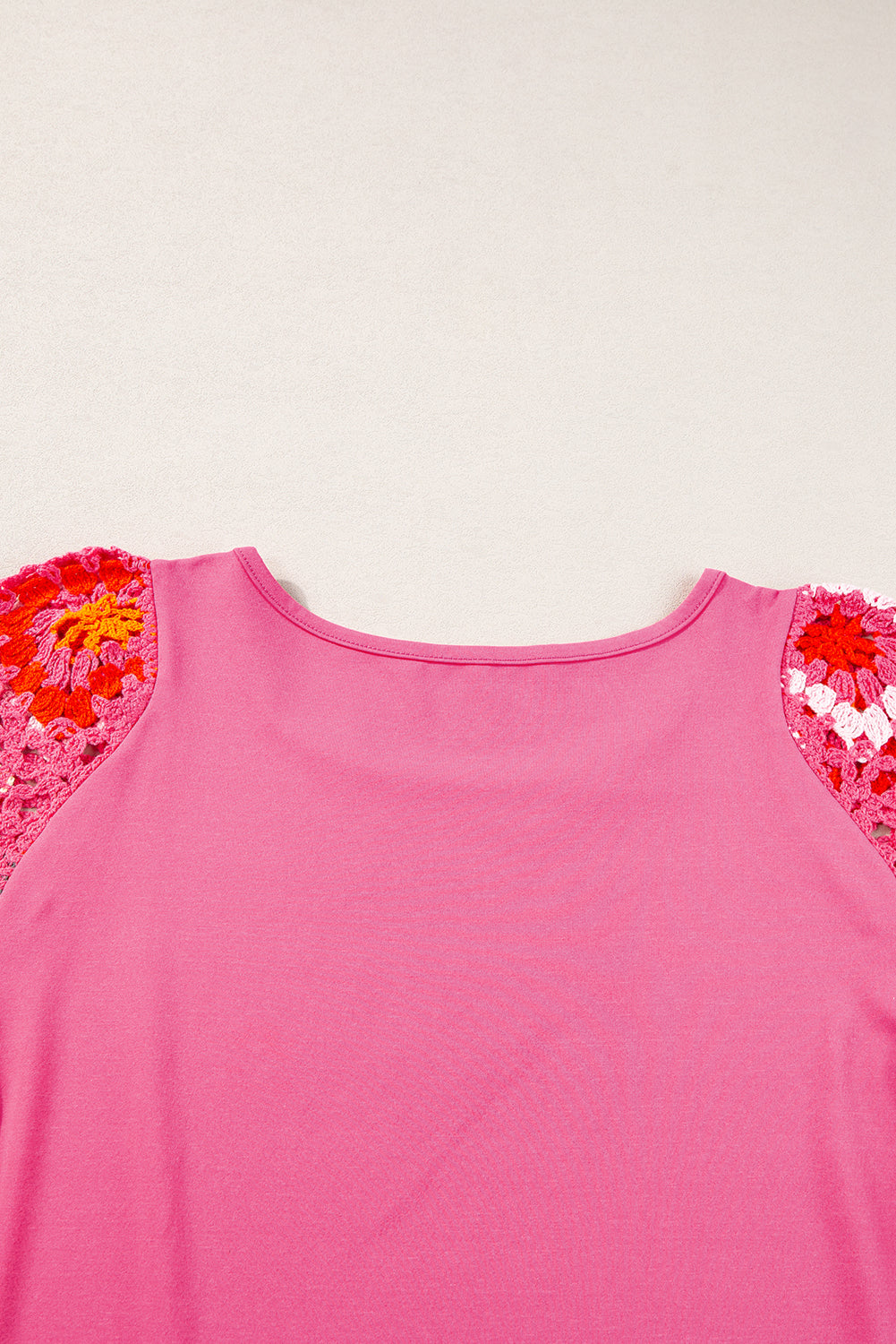 Strawberry Pink Floral Crochet Short Sleeve Top