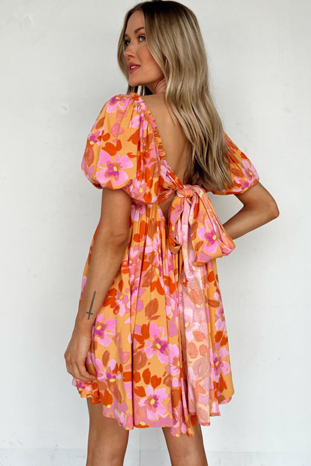 Puff Sleeve Bow Knot Open Back Floral Mini Dress