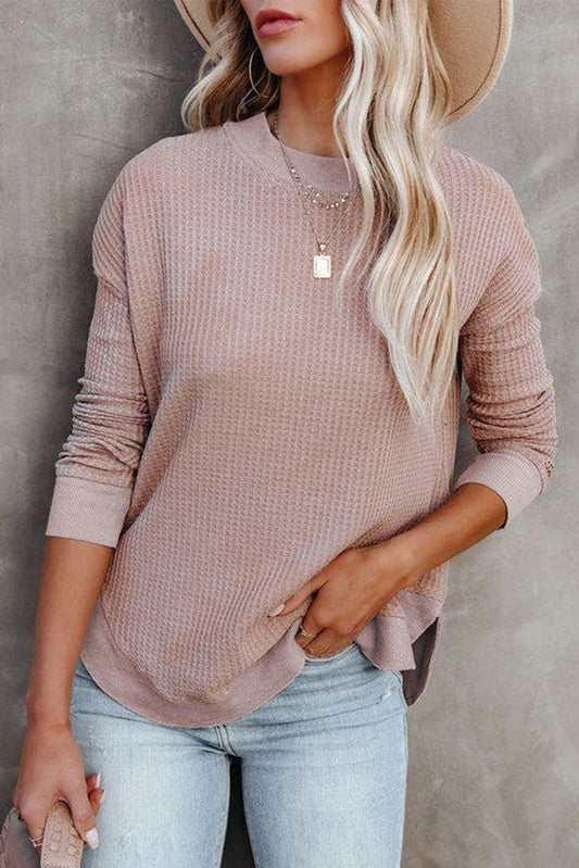 Waffle Knit Crew Neck Casual Long Sleeve Top