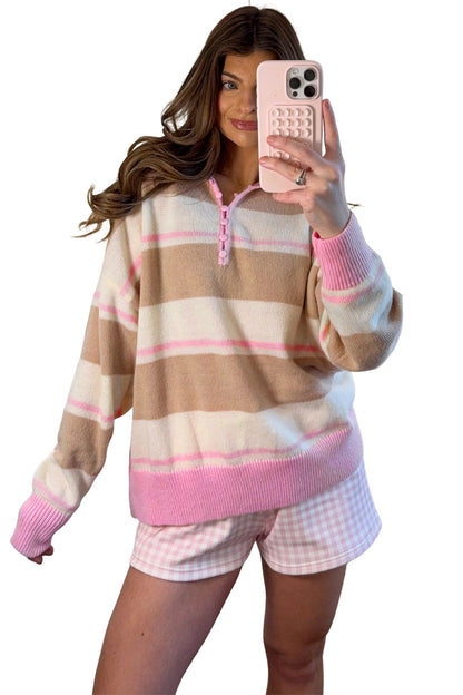 Khaki Stripe Striped Drop Shoulder Button Placket Long Sleeve Sweater