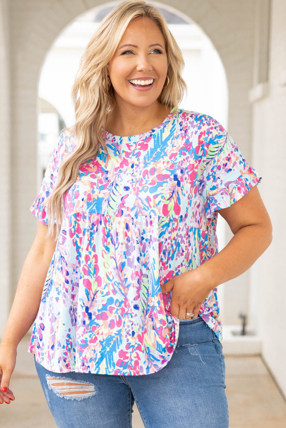 Multicolor Plus Size Floral Print Round Neck Long Sleeve Blouse