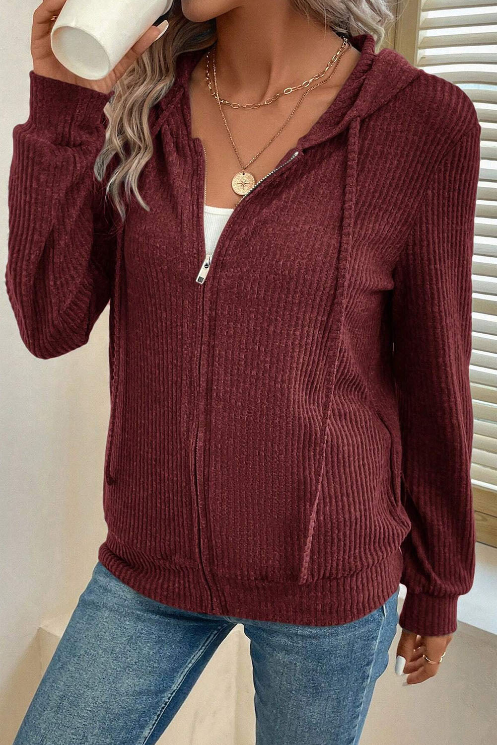 Red Dahlia Ribbed Zip Front Drawstring Hoodie