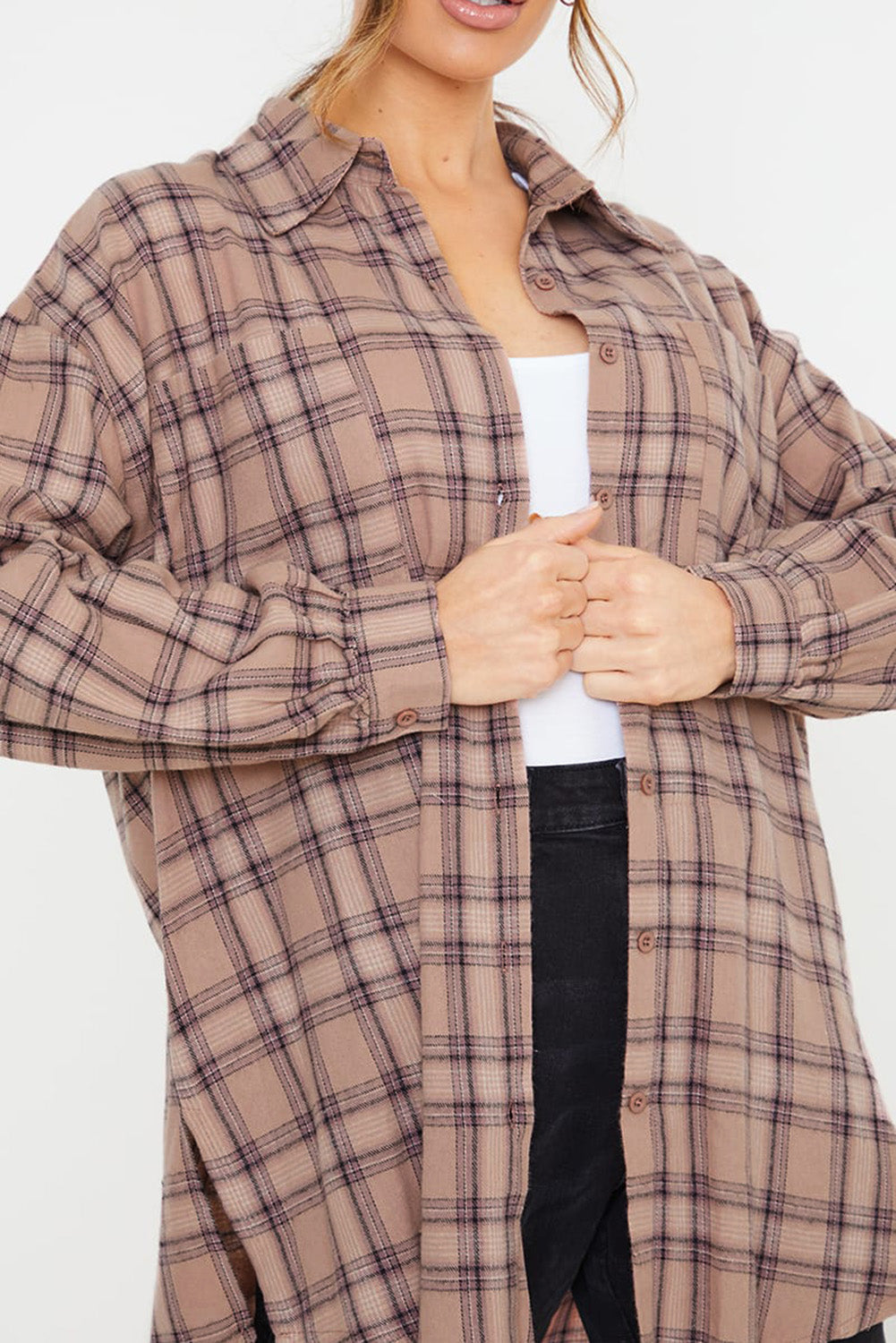 Plus Size Plaid Print Buttoned Oversized Tunic Shirt