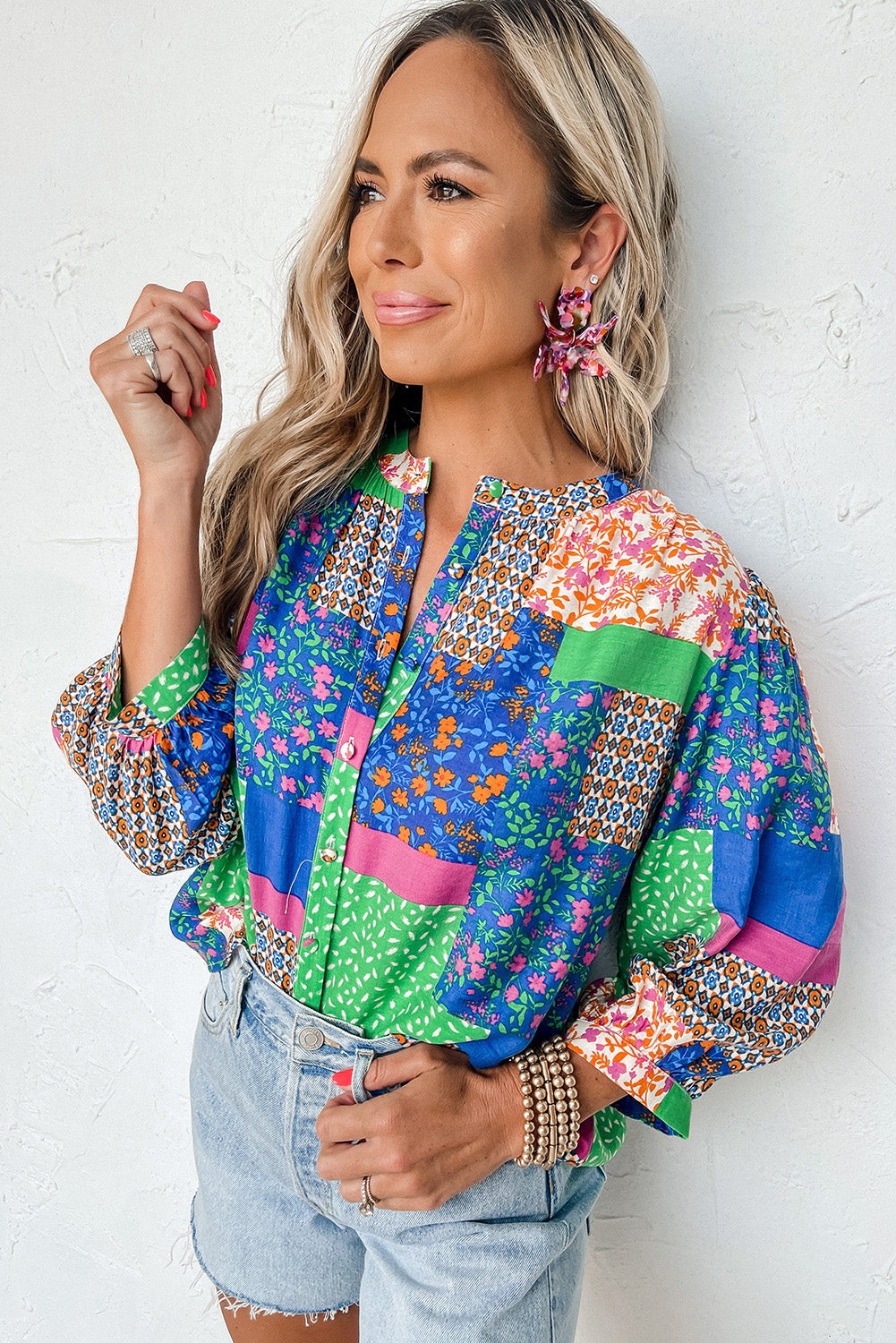 Multicolor Floral Patchwork Print Buttoned Puff Sleeve Shirt