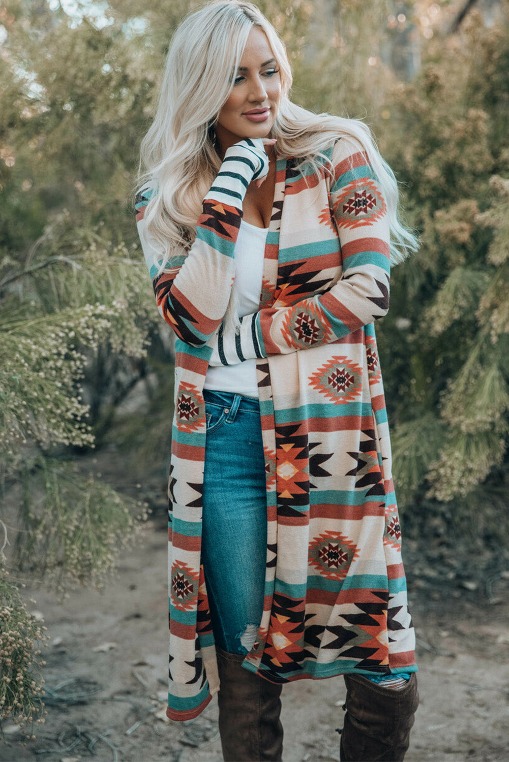 Multicolor Plus Size Geometric Print Open Front Long Cardigan