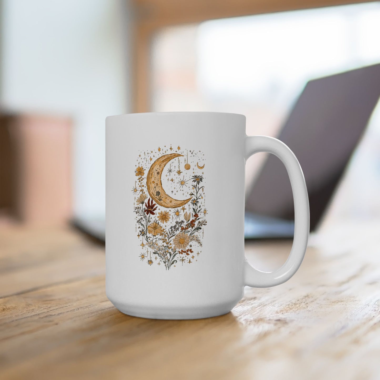 Crescent Moon and Flowers Ceramic Mug, (11oz, 15oz)