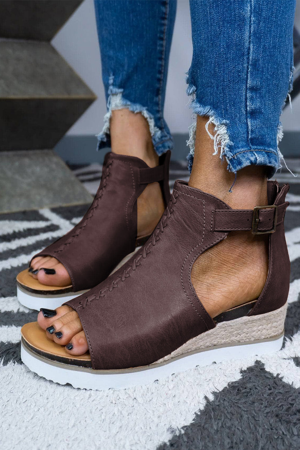 Brown PU Cutout Buckle Strap Platform Sandals