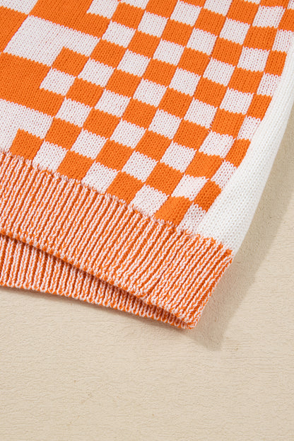 Orange Checkered Bubble Sleeve Plus Size Drop Shoulder Knit Cardigan