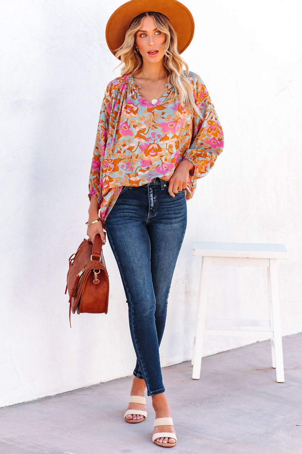 Blue Frilled Off Shoulder Floral Blouse