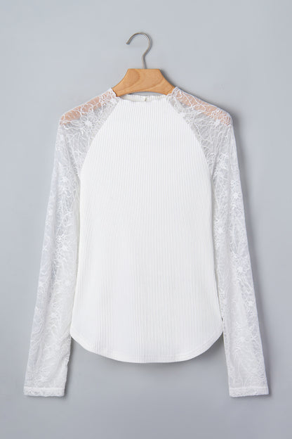 Beige Sheer Lace Long Sleeve Ribbed Slim Top