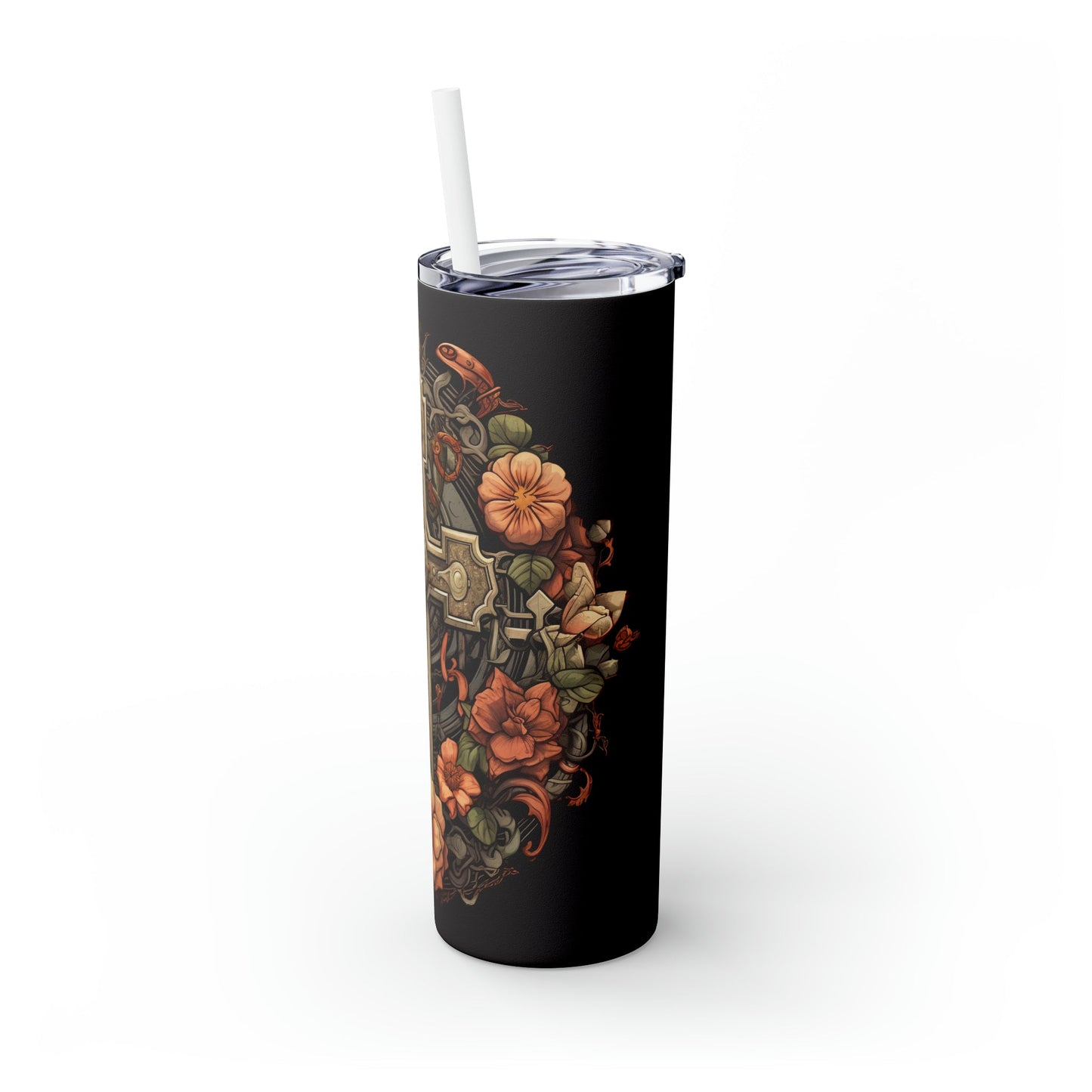 Floral Cross Skinny Tumbler with Straw, 20oz