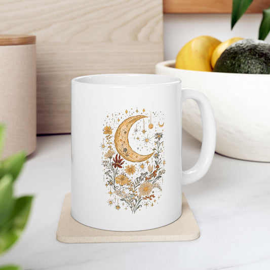 Crescent Moon and Flowers Ceramic Mug, (11oz, 15oz)