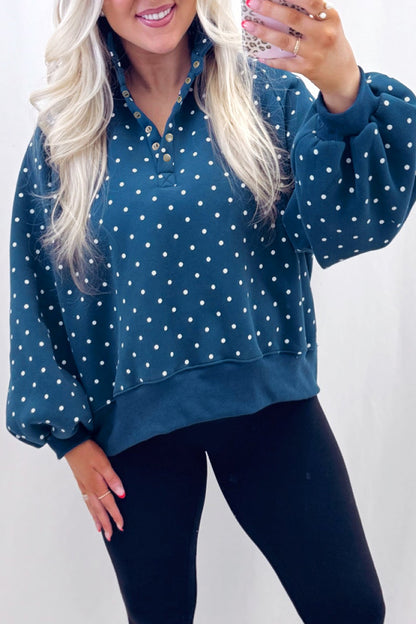 White Polka Dot Print Metal Button Collar Casual Pullover Sweatshirt