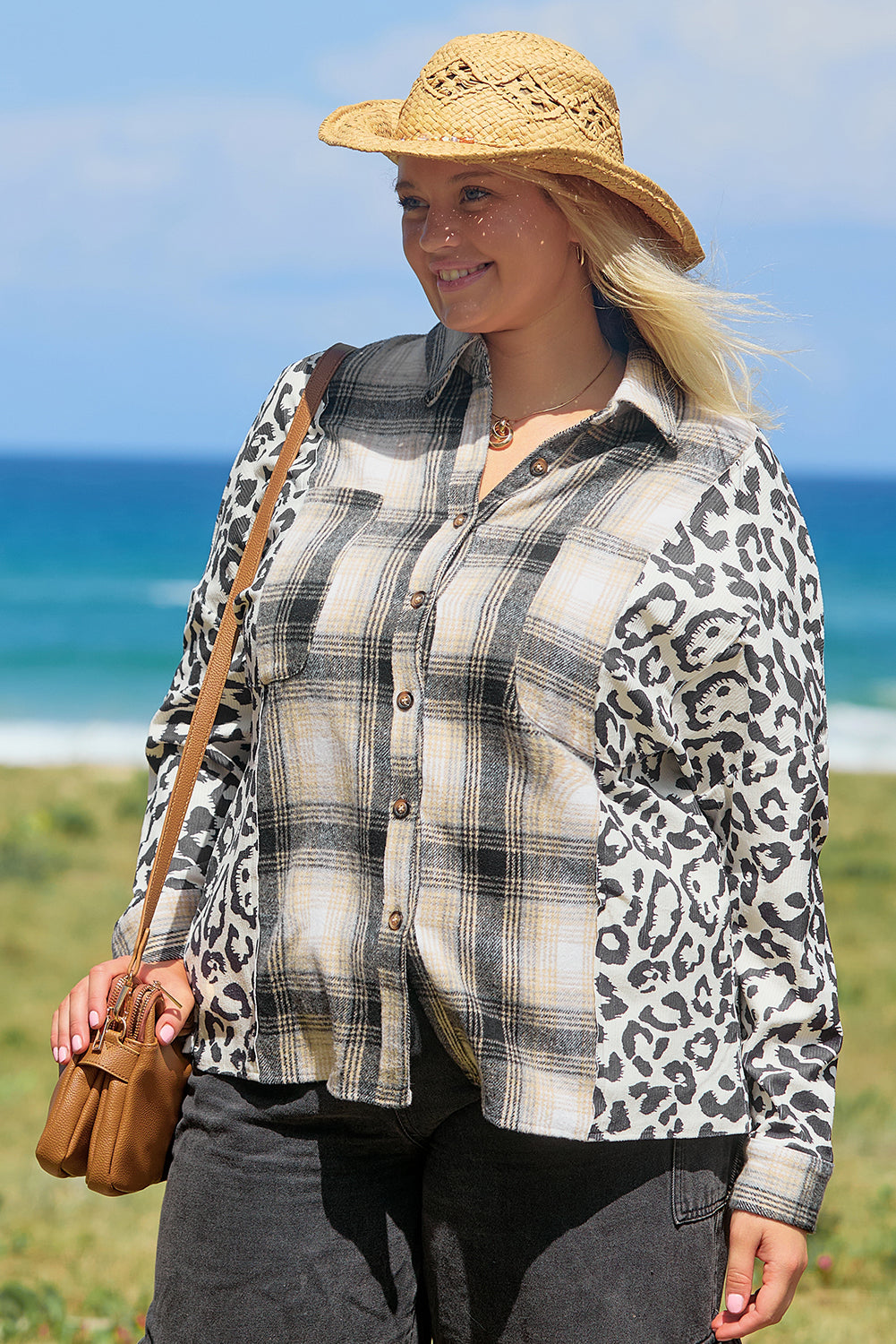 Black Plus Size Plaid Leopard Printed Patchwork Button Up Shacket