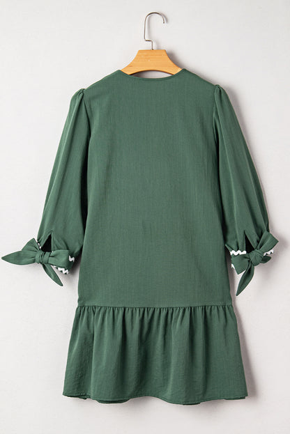 Canton Contrast Ricrac Trim Button V Neck Knotted Bracelet Sleeve Dress