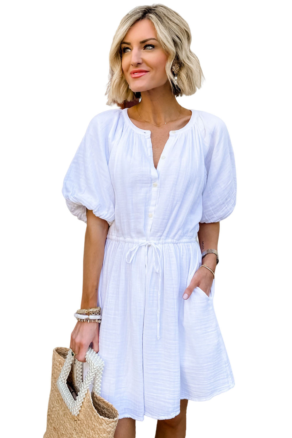 Puff Sleeve Drawstring Shirt Dress with Pockets