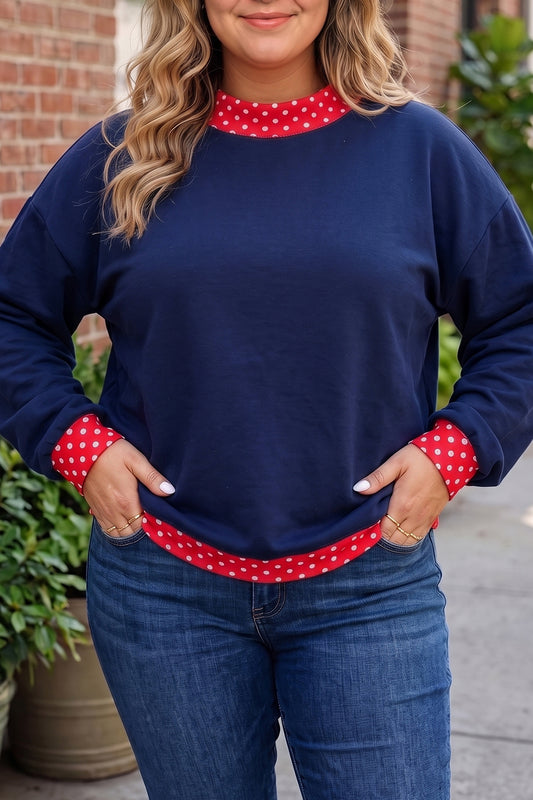 Dirty blue Polka Dot Patchwork Round Neck Plus Size Sweatshirt