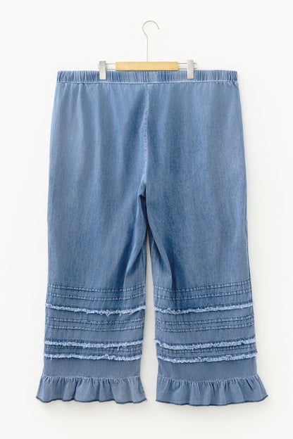 Dusk Blue Tiered Raw Edge Ruffled Plus Size Wide Leg Denim Pants