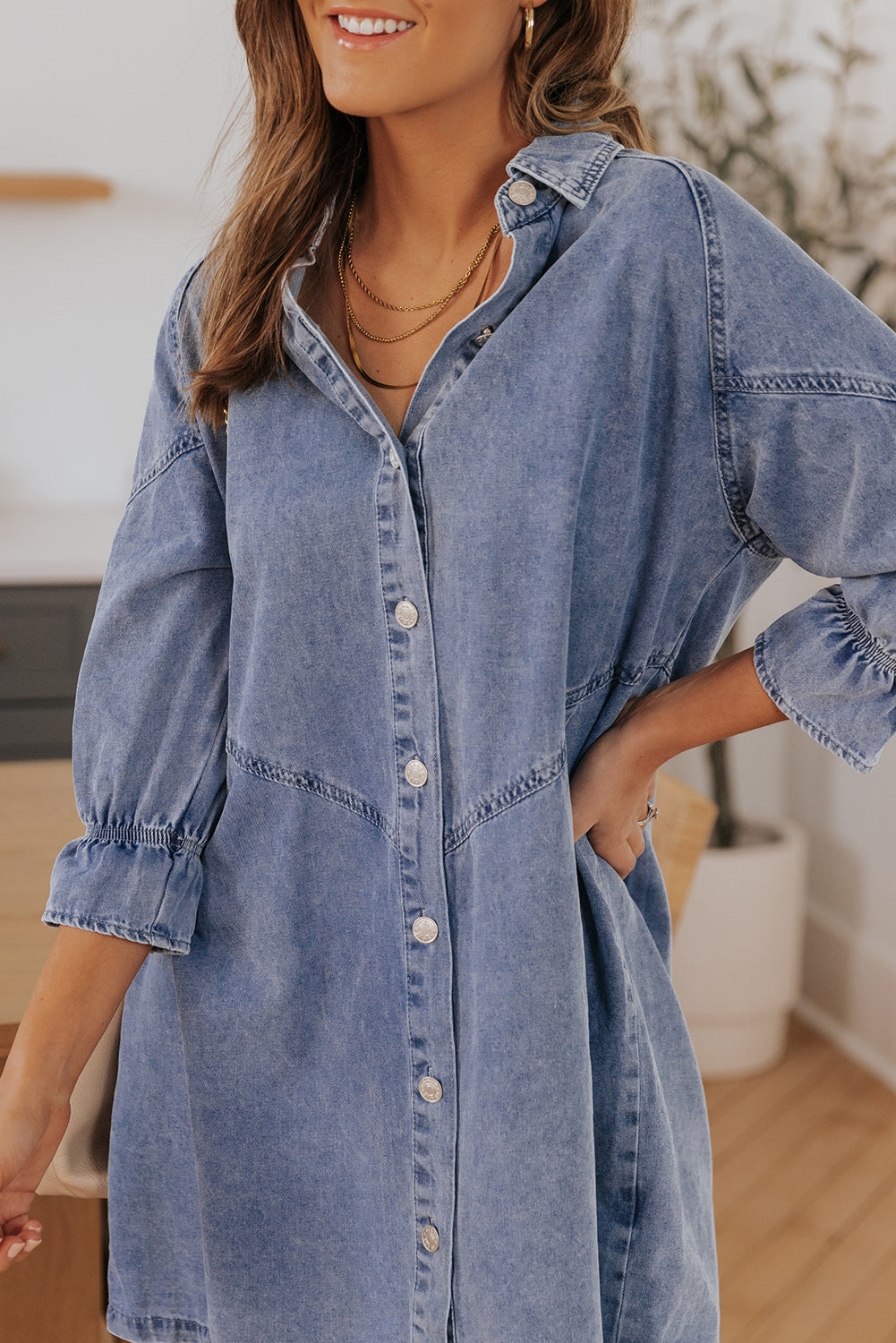 Light Blue Ruffled 3/4 Sleeve Buttoned Front Plus Size Denim Dress