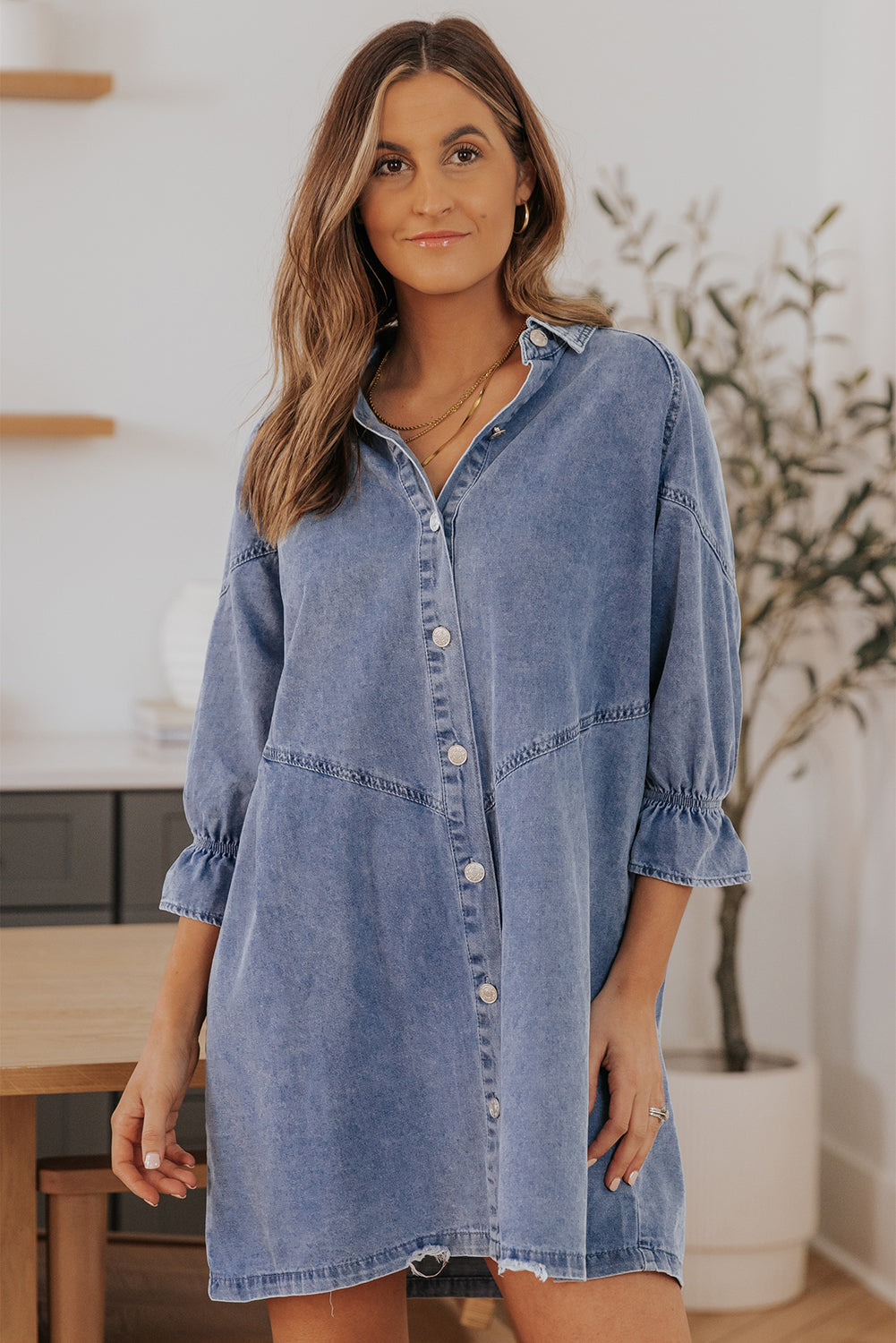 Light Blue Ruffled 3/4 Sleeve Buttoned Front Plus Size Denim Dress