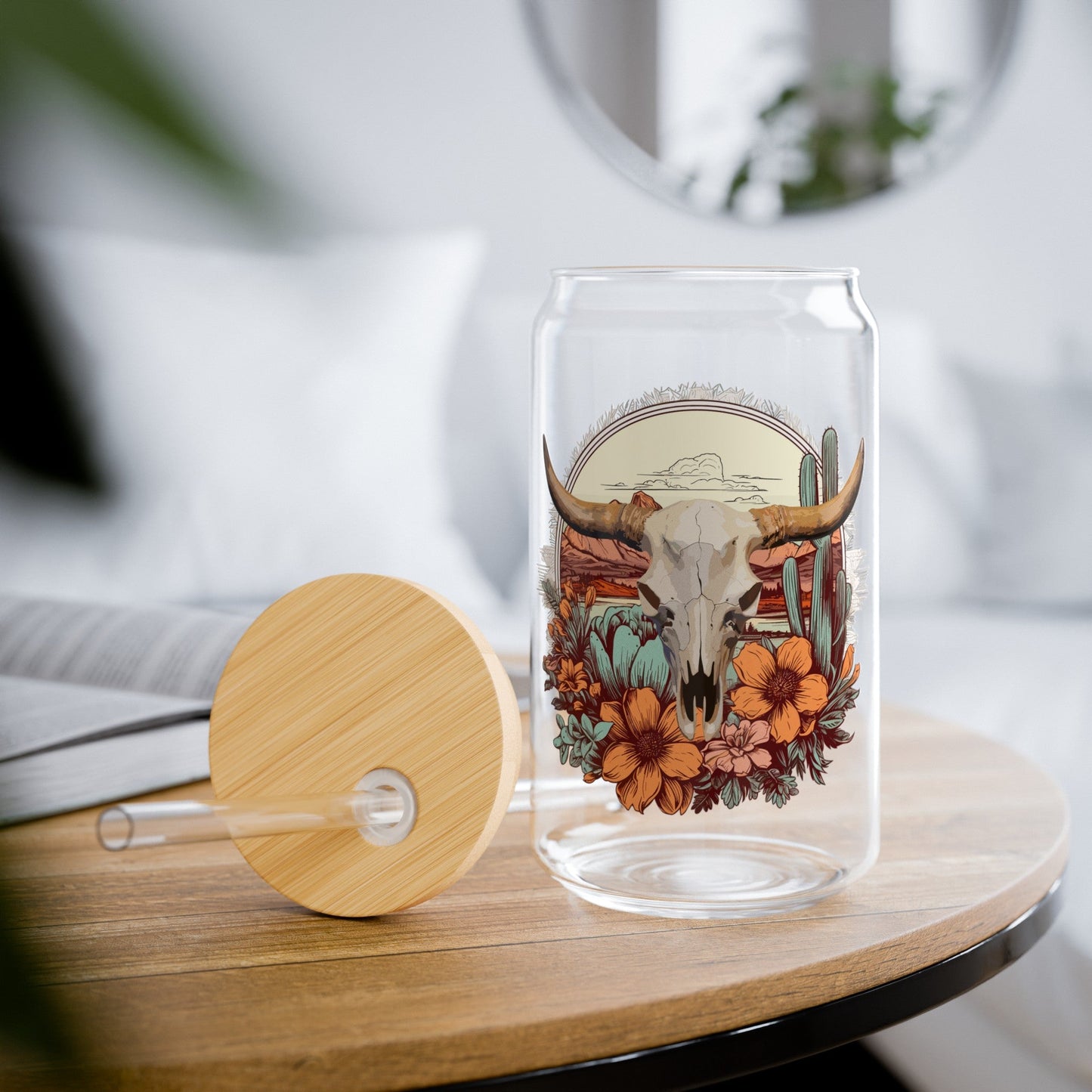 Floral Longhorn Skull Sipper Glass, 16oz