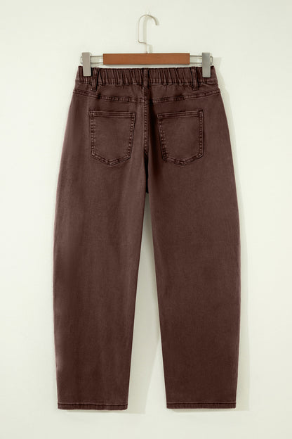 Four Leaf Clover Solid Color Square Patch Pocket Ankle-length Barrel Jeans