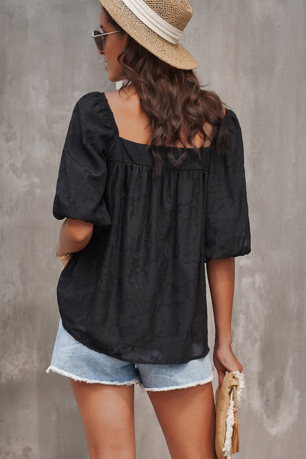 Lush Printed Balloon Sleeve Ruched Chiffon Top