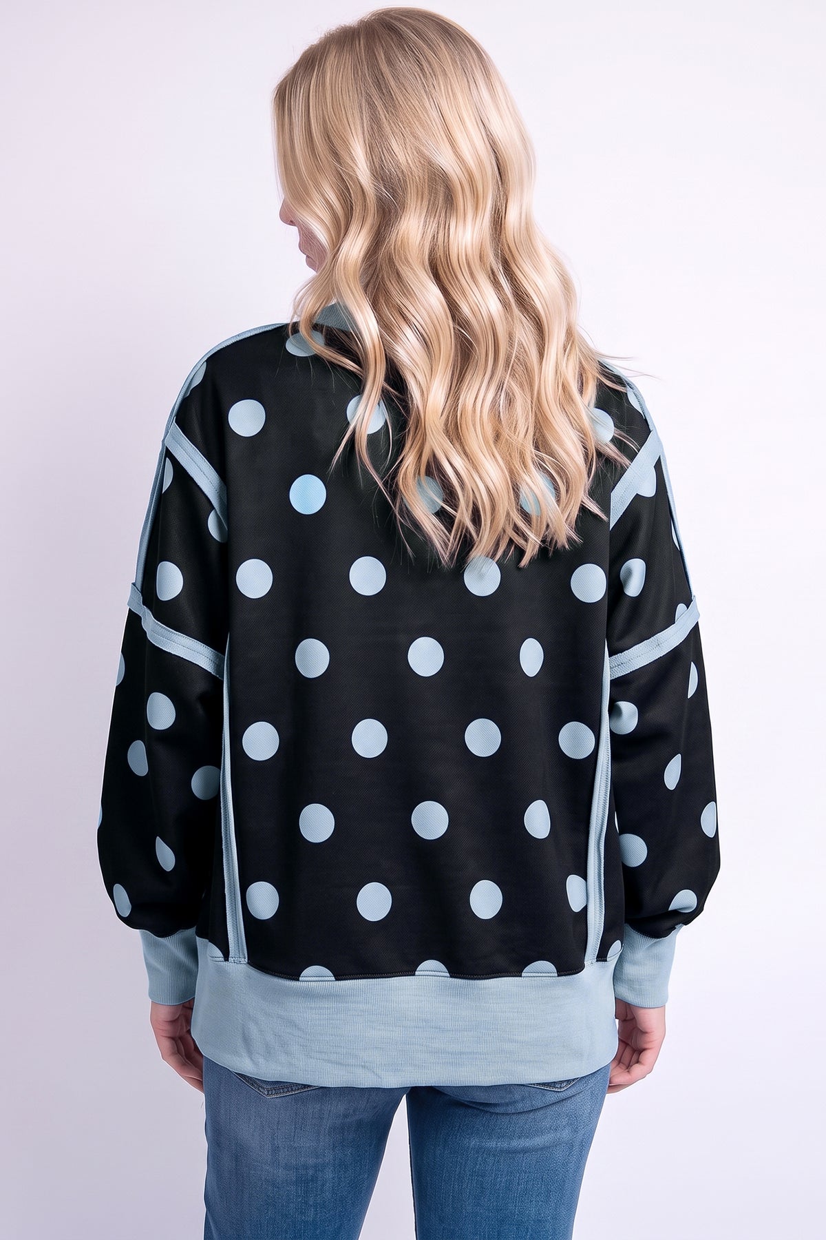 Black Polka Dot Contrast Patchwork Round Neck Baggy Sweatshirt