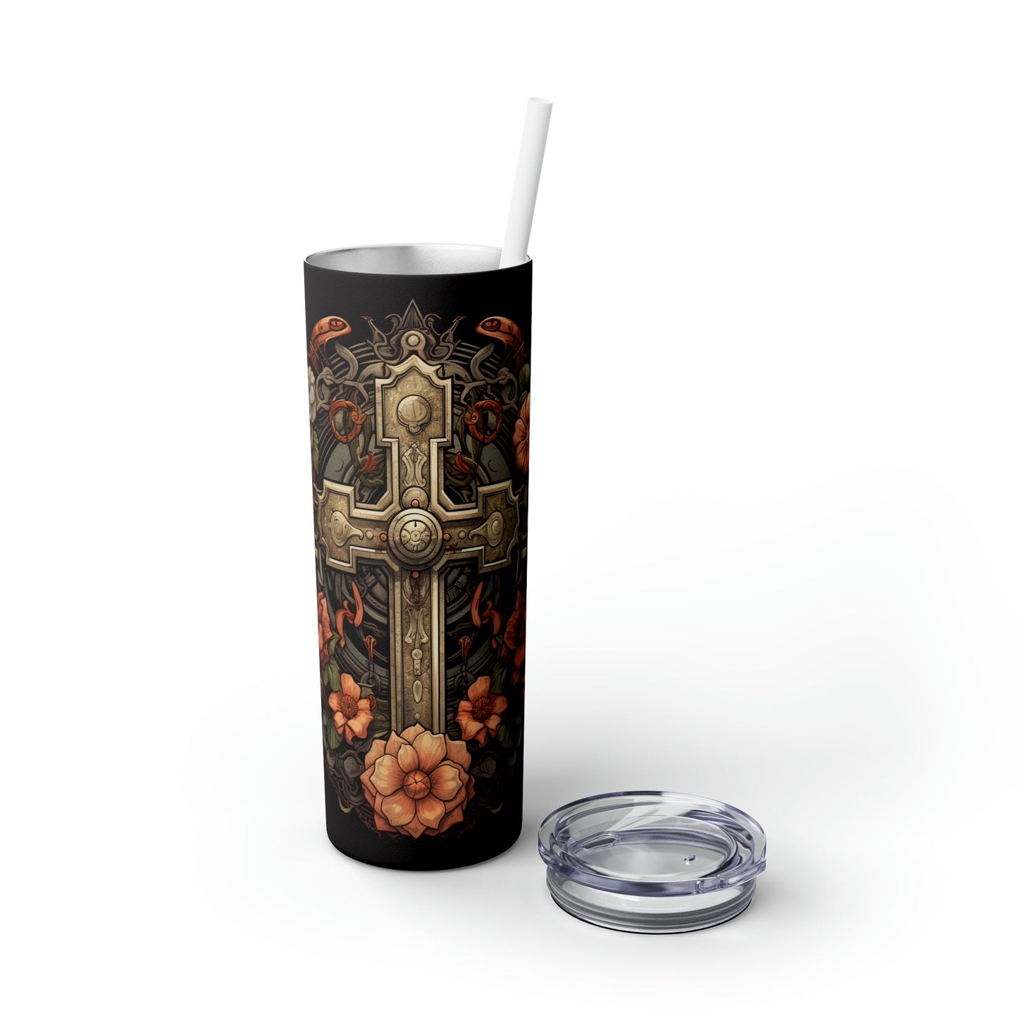 Floral Cross Skinny Tumbler with Straw, 20oz