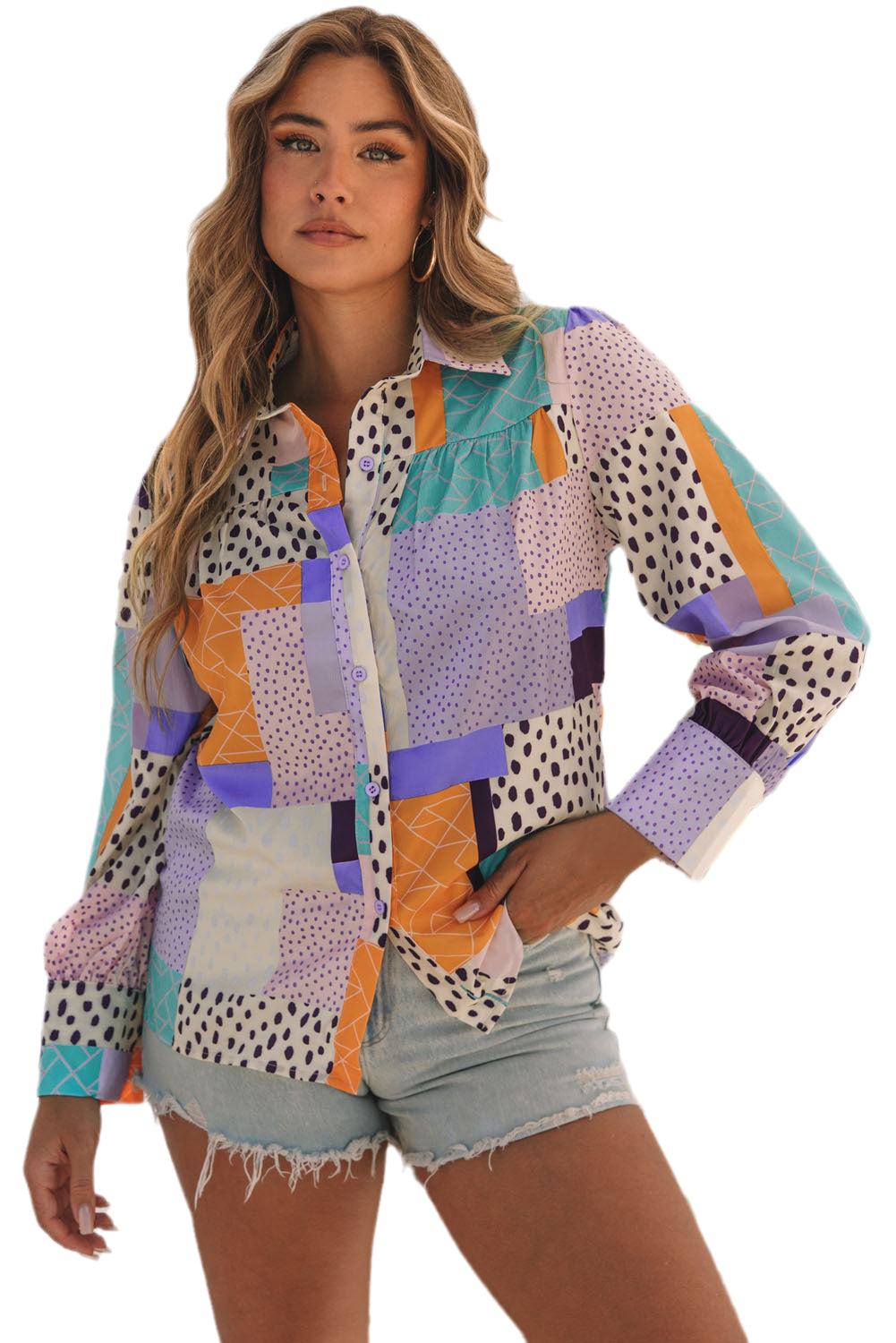 Multicolour Plus Size Mixed Print Buttoned Shirt