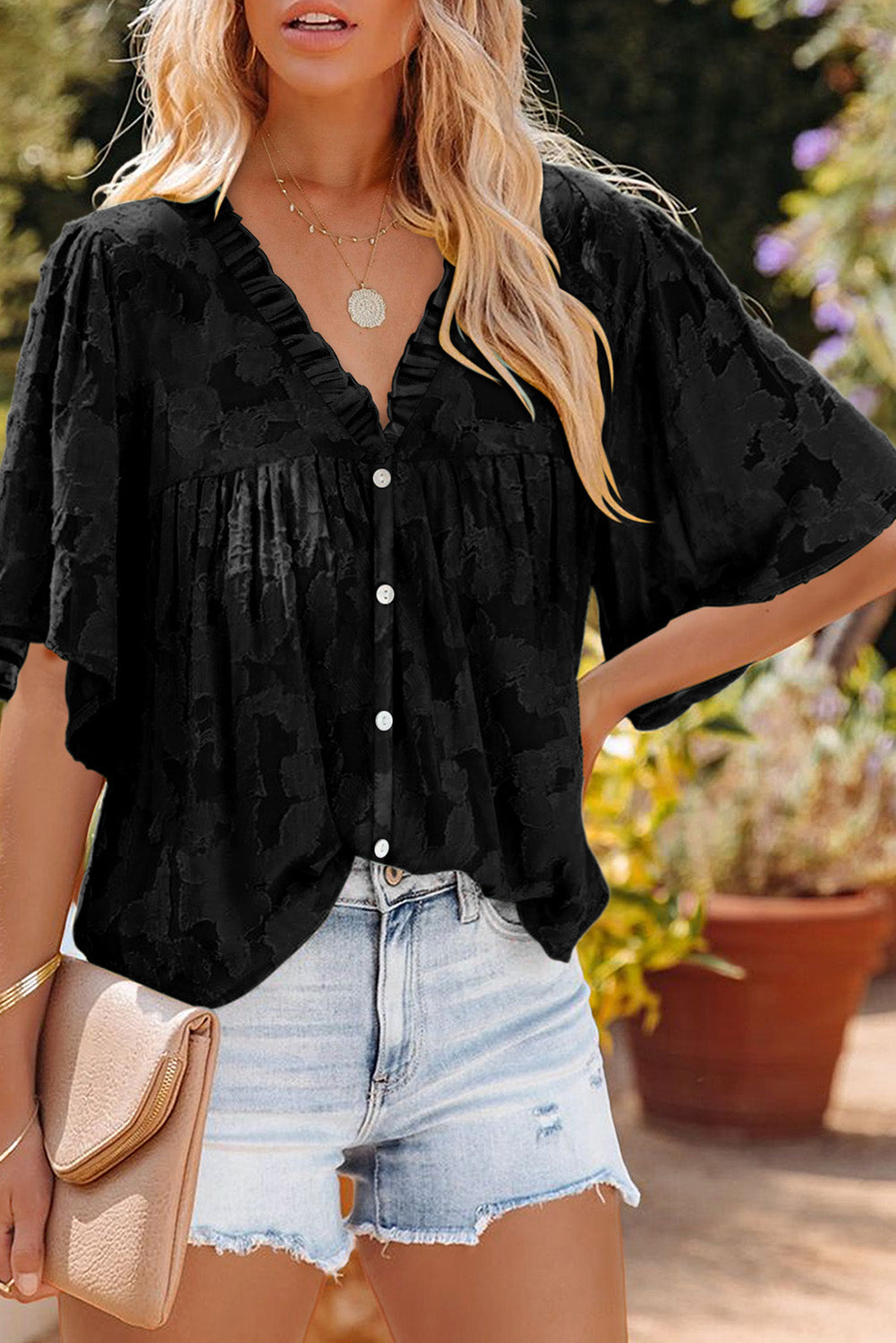 Floral Textured V Neck Buttoned Blouse