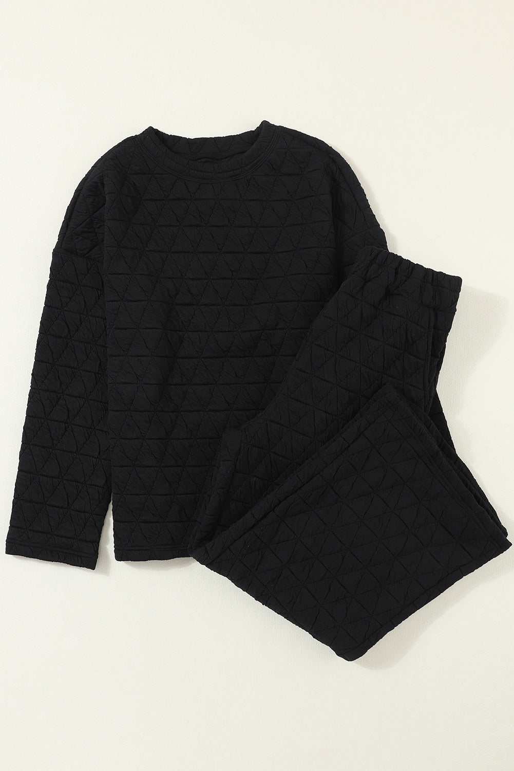 Black Color Block Quilted 3/4 Sleeve Top and Shorts Set