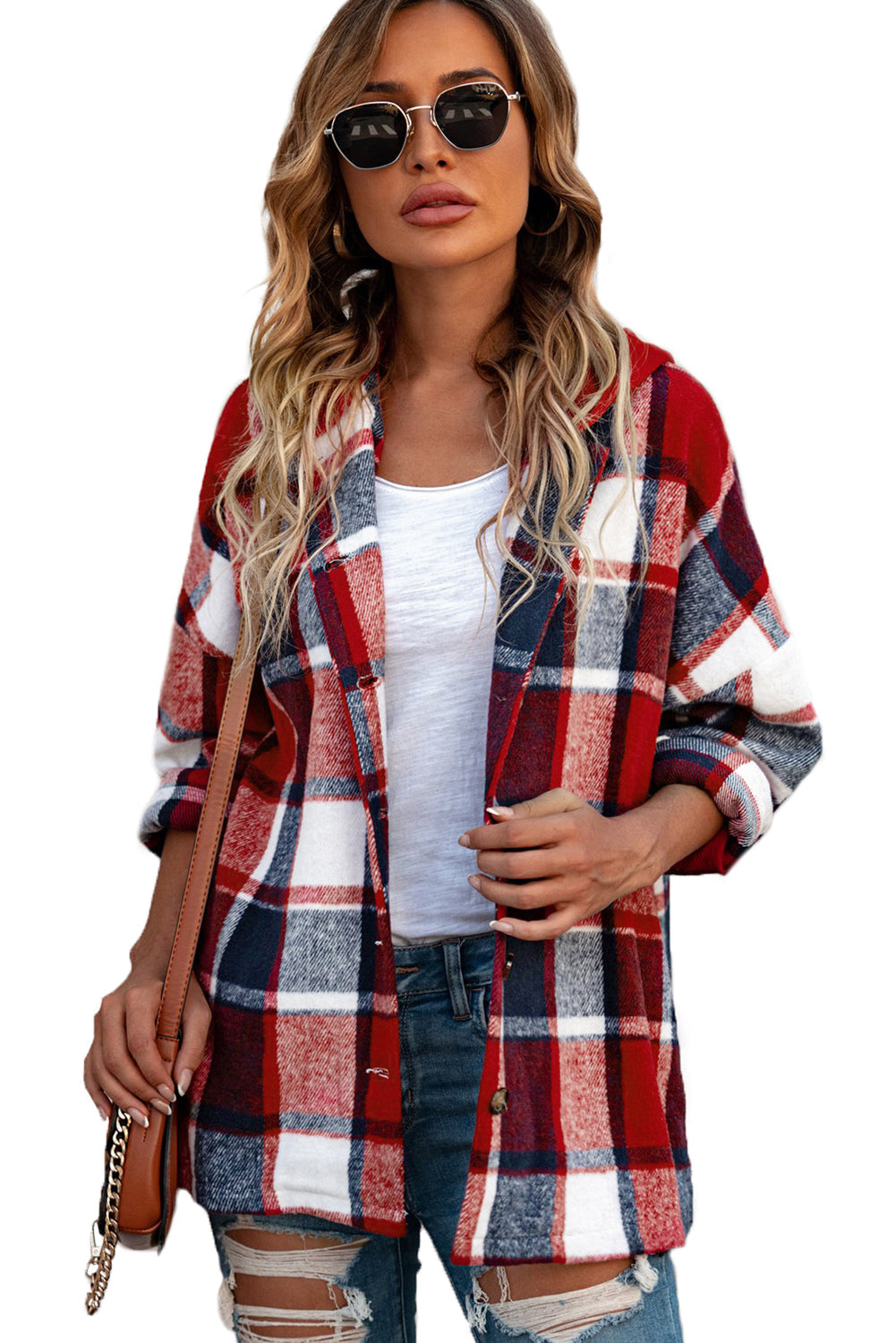 Red Hooded Plaid Button Front Shacket