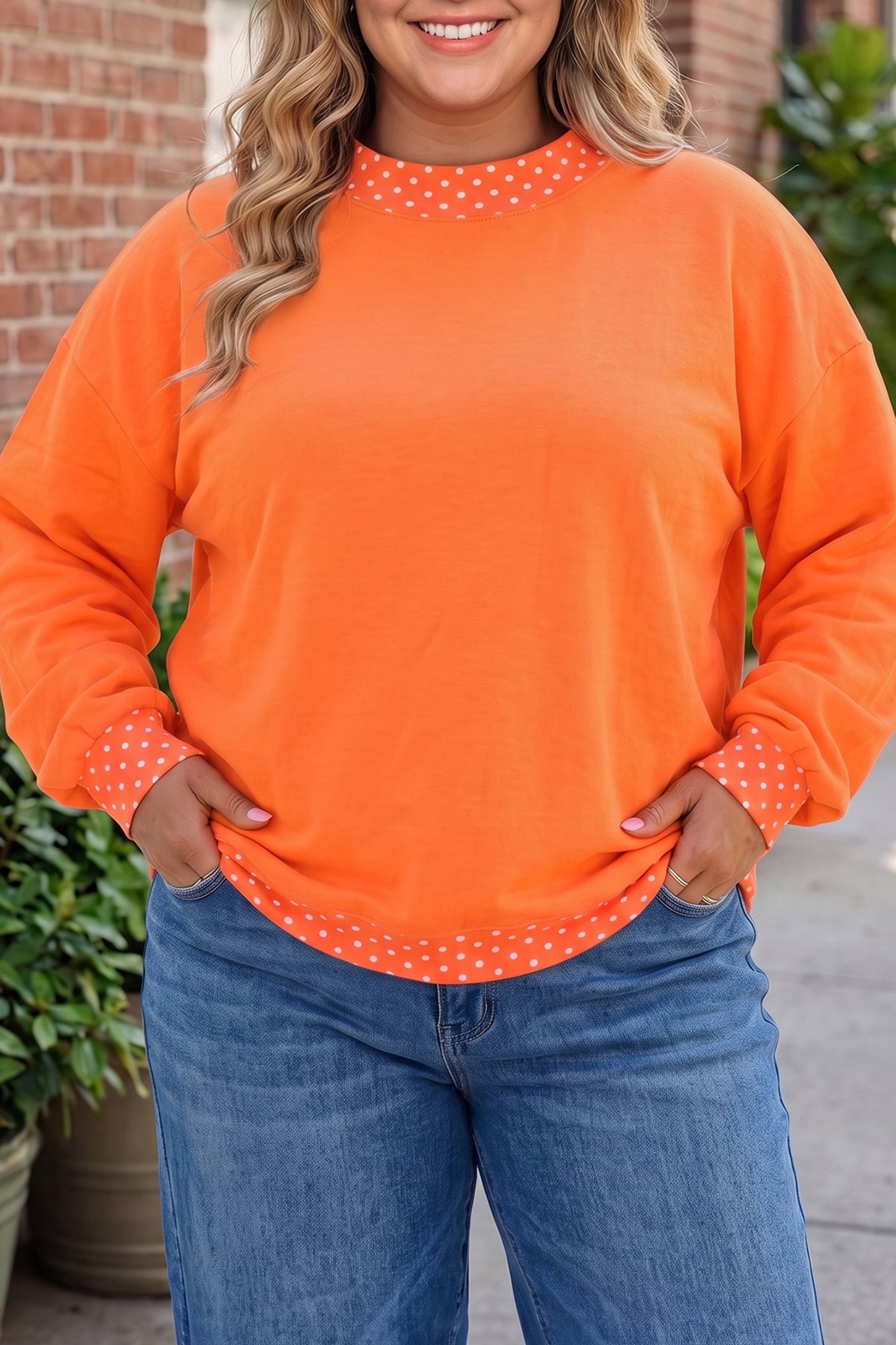 Dirty blue Polka Dot Patchwork Round Neck Plus Size Sweatshirt